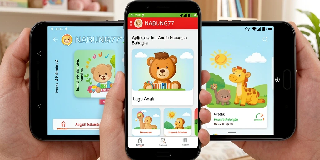 Antarmuka aplikasi NABUNG77 dengan fitur lagu anak yang menarik.