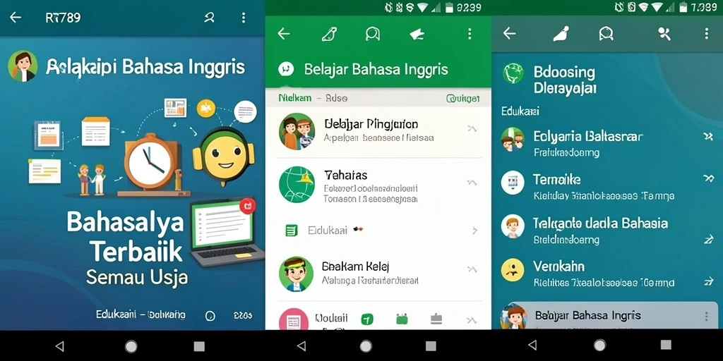 Tampilan antarmuka pengguna aplikasi Belajar Bahasa Inggris yang menarik dan interaktif.